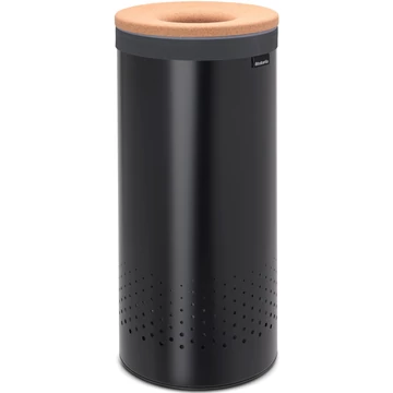 Brabantia Laundry Bin szennyestartó szellőző nyílásokkal, tépőzáras, mosható szennyesgyűjtő zsák, henger forma, közepes méret 35L, parafa fedő, acél, matt fekete - 120008