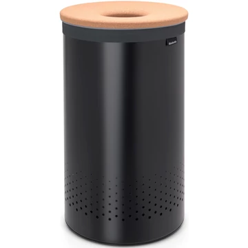 Brabantia Laundry Bin szennyestartó szellőző nyílásokkal, tépőzáras, mosható szennyesgyűjtő zsák, henger forma, nagy méret 60L, parafa fedő, acél, matt fekete - 120022