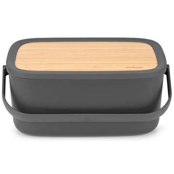 Brabantia Nic Bread Bin hordozható piknik kenyértartó vágódeszkaként használható bambusz fedővel, PP műanyag, sötétszürke - 128264