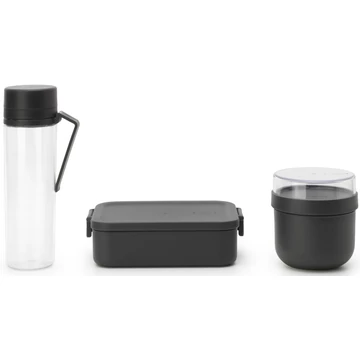 Brabantia Make - Take Breakfast and Lunch Set 3db-os szett, vizes palack + reggeliző tál + közepes méretű ételhordozó doboz, BPA mentes műanyag, sötétszürke - 206740