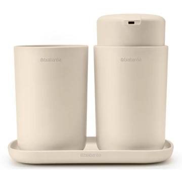 Brabantia ReNew 3db-os fürdőszobai pipere csomag - pumpás folyékonyszappan adagoló, fogkefetartó, pipere tálca, műanyag, világos bézs - 223402