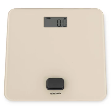 Brabantia ReNew elemmentes fürdőszobai mérleg, 5-150kg között, 0,1kg pontossággal mér, nagy LED kijelzővel, dimanóval tölthető, műanyag test, üveg fedlap, világos bézs - 223525