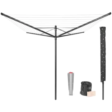 Brabantia Rotary Dryer Lift-O-Matic kerti ruhaszárító 50m, UV-álló, forgatható, D=45mm, állítható magasság, rögzítése földbe szúrható fém konzollal, védőzsákkal, csipesztartóval, antracit - 290503