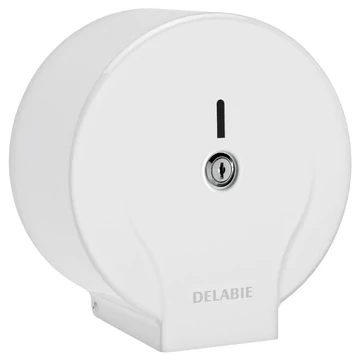 DELABIE vandálbiztos nagytekercses WC-papír adagoló L=200m/D=185mm JUMBO MINI tekercshez, hézagmentes, egyrészes test, acél, lakkozott fehér