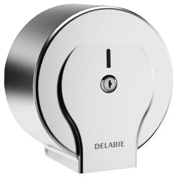 DELABIE vandálbiztos nagytekercses WC-papír adagoló L=200m/D=185mm JUMBO MINI tekercshez, hézagmentes, egyrészes test, r.m. acél, selyem
