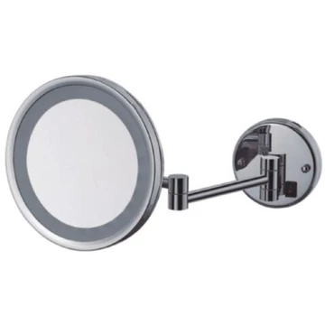 Szállodai kozmetikai pipere tükör LED fénnyel, 3x-os nagyítással, 250 mm átmérőjű dönthető tükörrel, kihajtható, kerek forma, sárgaréz, krómozott fényes borítással