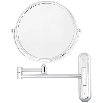 Szállodai kozmetikai pipere tükör 3x nagyítással, D=200mm dönthető tükörrel, kihajtható, kerek, sárgaréz, krómozott fényes