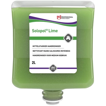 SCJP Solopol Lime Medium-Heavy Duty ipari kézmosó közepesen makacs olajos, zsíros szennyeződésekre, kukoricacsutka őrleménnyel, erős tisztítóhatás: 4/5, Heavy Duty adagolóhoz, 2L patron