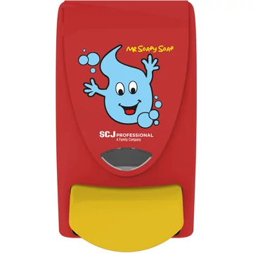 SCJP Proline nyomógombos szappanadagoló kézmosó patronokhoz Mr Soapy Soap grafikával óvodai és iskolai mosdókba, manuális, 1L, ABS műanyag, piros/citromsárga