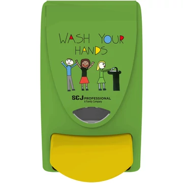SCJP Proline nyomógombos szappanadagoló kézmosó patronokhoz Wash Your Hands grafikával óvodai és iskolai mosdókba, manuális, 1L, ABS műanyag, zöld/citromsárga