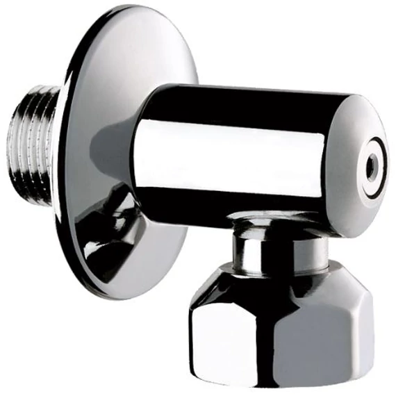 DELABIE falon kívüli könyökcsatlakozó integrált elzárószelep takarótárcsával, M1/2" - F1/2" csatlakozásokkal, sárgaréz, krómozott fényes