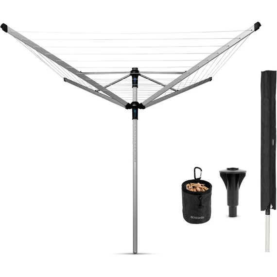 Brabantia Rotary Dryer Lift-O-Matic Advance kerti ruhaszárító 60m, forgatható, D=50mm, ultra könnyen állítható magasság, betonalap rögzítésű, védőzsák, csipesztartó, metál szürke - 100260