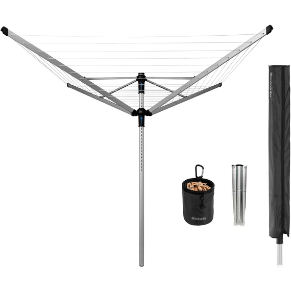 Brabantia Rotary Dryer Lift-O-Matic Advance kerti ruhaszárító 60m, forgatható, D=50mm, ultra könnyen állítható magasság, földbe szúrható, védőzsák, csipesztartó, metál szürke - 117145