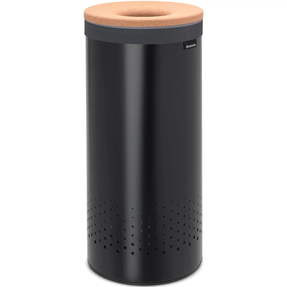 Brabantia Laundry Bin szennyestartó szellőző nyílásokkal, tépőzáras, mosható szennyesgyűjtő zsák, henger forma, közepes méret 35L, parafa fedő, acél, matt fekete - 120008