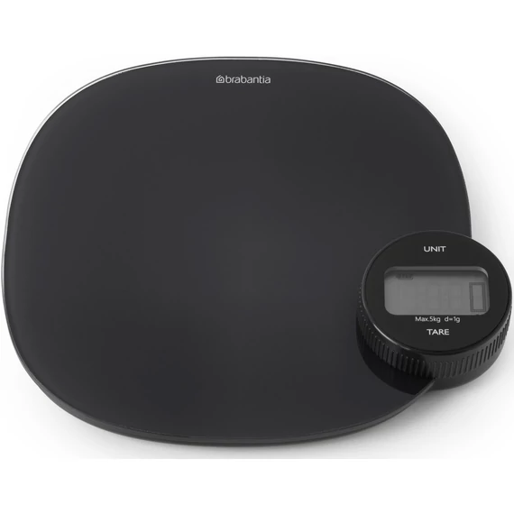 Brabantia Tasty+ digitális konyhai mérleg, 5kg teherbírás, 0,1kg pontossággal mér, LCD kijelzővel, dimanóval tölthető, műanyag test, üveg fedlap, sötétszürke - 122880