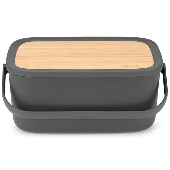 Brabantia Nic Bread Bin hordozható piknik kenyértartó vágódeszkaként használható bambusz fedővel, PP műanyag, sötétszürke - 128264