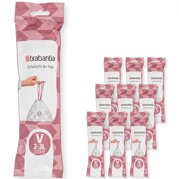 Brabantia PerfectFit szemeteszsák, V méret, 2-3L, Multipack 200 zsák, 10 tekercs, 20 zsák/tekercs