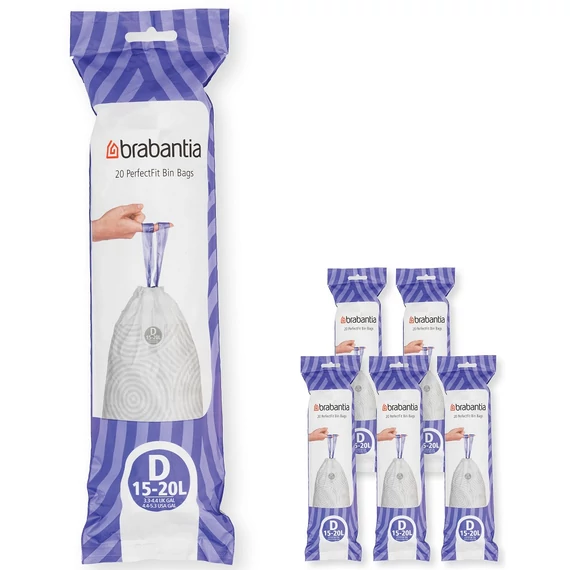 Brabantia PerfectFit szemeteszsák, D méret, 15-20L, Multipack 120 zsák, 6 tekercs, 20 zsák/tekercs