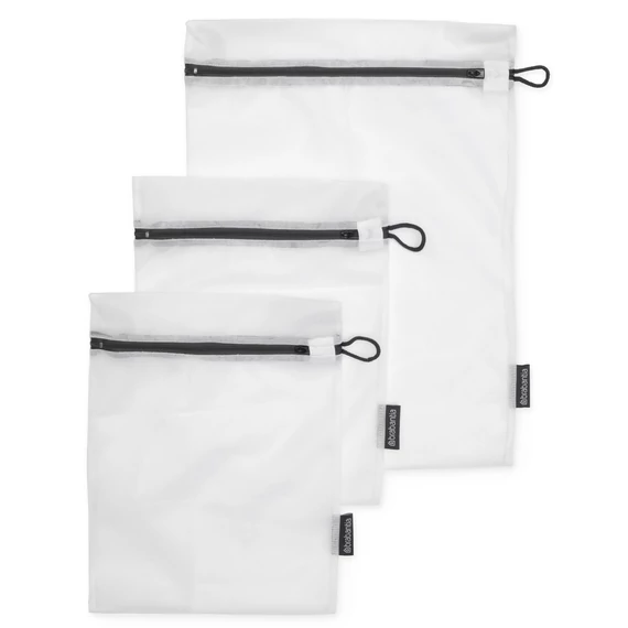 Brabantia Wash Bag, 3 db-os mosózsák készlet, 2 db kisméretű 330x250mm és 1db nagyméretű 450x330mm cipzáras zsák, fehér zsák / sötétszürke cipzár - 149221