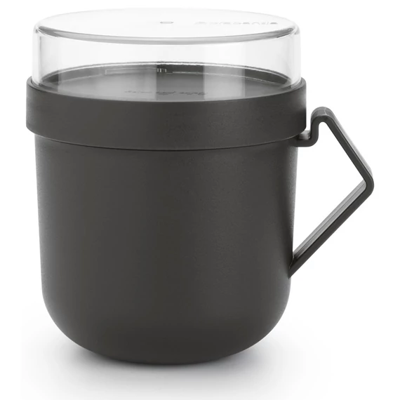 Brabantia Make - Take Soup Mug leveses bögre, 600 ml, hőálló fogantyú, beépített gőzkieresztő szelep, felső tárolórekesz, szivárgás- és légmentes záródás, BPA mentes műanyag, sötétszürke - 203824