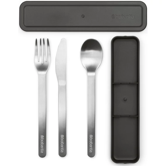 Brabantia Make - Take Cutlery Set komplett utazó evőeszköz készlet, 3db-os szett, r.m. acél, műanyag tok, BPA mentes, selyem matt/sötétszürke - 204203
