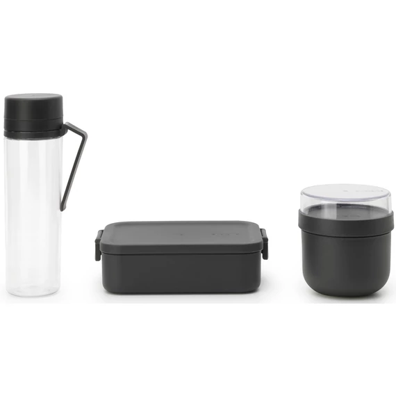 Brabantia Make - Take Breakfast and Lunch Set 3db-os szett, vizes palack + reggeliző tál + közepes méretű ételhordozó doboz, BPA mentes műanyag, sötétszürke - 206740