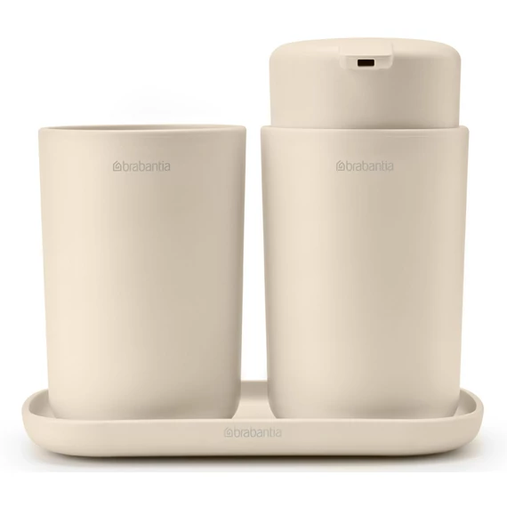 Brabantia ReNew 3db-os fürdőszobai pipere csomag - pumpás folyékonyszappan adagoló, fogkefetartó, pipere tálca, műanyag, világos bézs - 223402