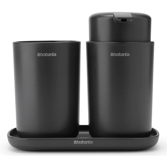 Brabantia ReNew 3db-os fürdőszobai pipere csomag - pumpás folyékonyszappan adagoló, fogkefetartó, pipere tálca, műanyag, sötétszürke - 280368