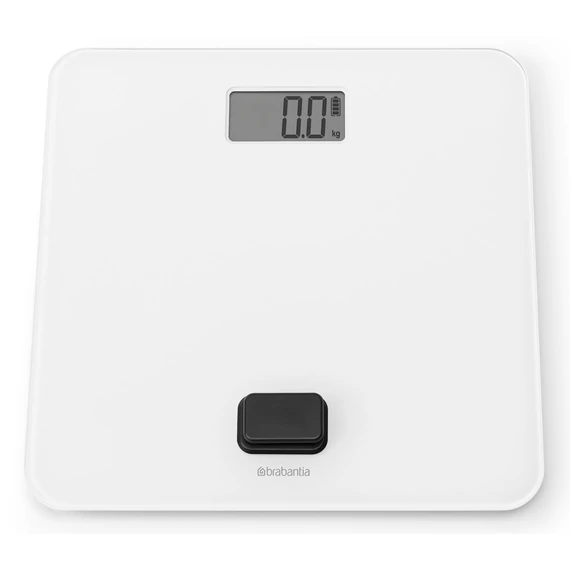 Brabantia ReNew elemmentes fürdőszobai mérleg, 5-150kg között, 0,1kg pontossággal mér, nagy LED kijelzővel, dimanóval tölthető, műanyag test, üveg fedlap, fehér - 280146