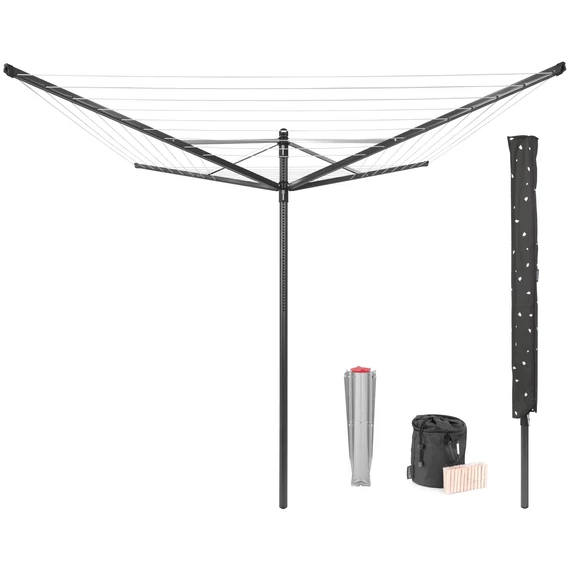 Brabantia Rotary Dryer Lift-O-Matic kerti ruhaszárító 50m, UV-álló, forgatható, D=45mm, állítható magasság, rögzítése földbe szúrható fém konzollal, védőzsákkal, csipesztartóval, antracit - 290503
