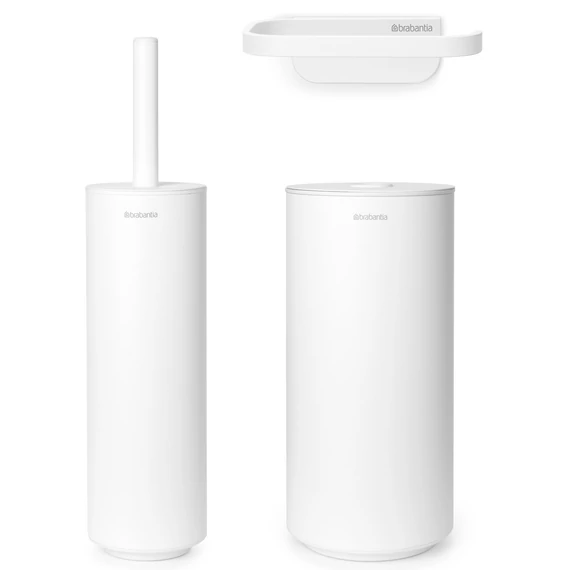 Brabantia MindSet 3db-os WC pipere csomag, sörtés fejű WC-kefe, WC-papír és tartalék WC-papír tartó, acél, szikrázó fehér ásványi textúra - 303920