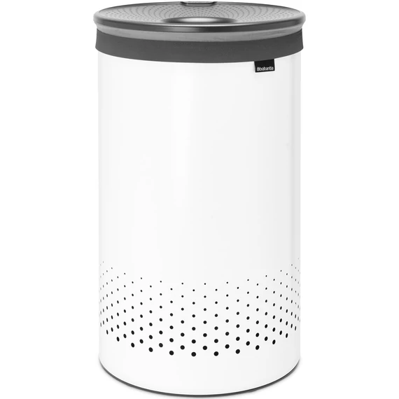 Brabantia Laundry Bin szennyestartó szellőző nyílásokkal, tépőzáras, mosható szennyesgyűjtő zsák, henger forma, nagy méret 60L, műanyag fedő, acél, fehér - 304880