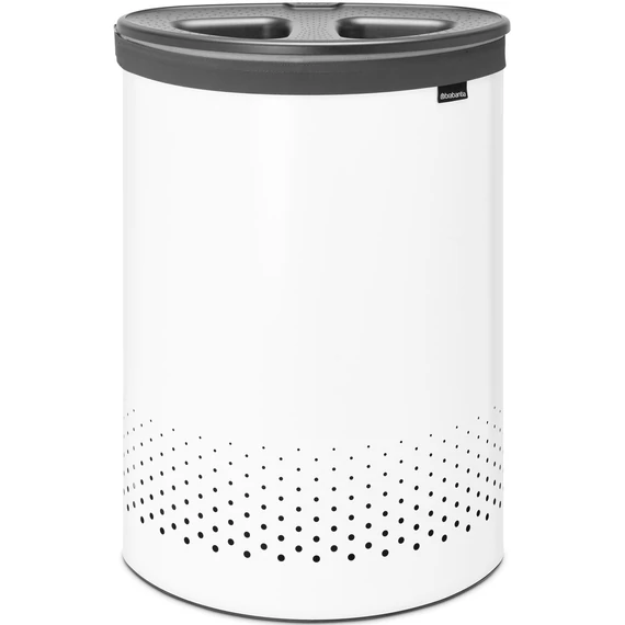 Brabantia Laundry Bin Selector szennyestartó szellőző nyílásokkal, 2 részes tépőzáras szennyesgyűjtő zsák, ovális forma, nagy méret 55L, műanyag fedő, acél, fehér - 304903