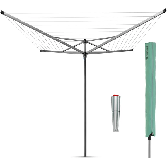 Brabantia Rotary Topspinner kerti ruhaszárító 50m, UV-álló, forgatható, D=45mm, rögzítése földbe szúrható fém konzollal, időjárásálló védőzsákkal, metál szürke - 310829