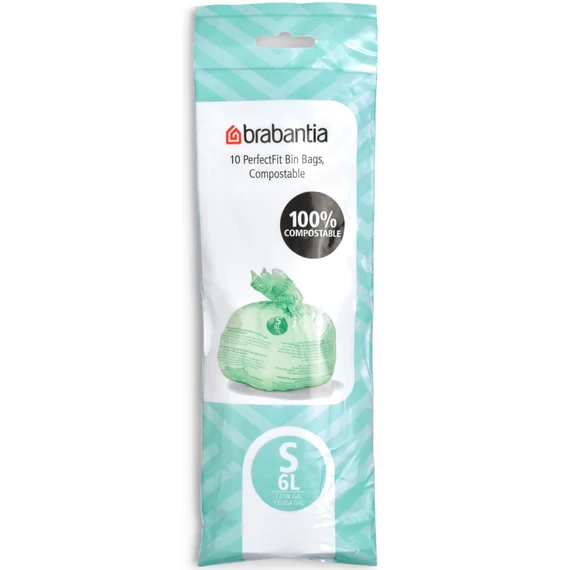 Brabantia PerfectFit Compostable komposztálható szemeteszsák, 100%-ban lebomló, keményítőből készült, S méret, 6L, 10 zsák/tekercs - 419683