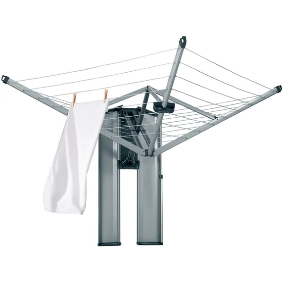 Brabantia Wallfix Dryer fali rögzítésű, összecsukható kültéri ruhaszárító, 24 méter szárítási felület - 4 kar, UV-álló szárítókötél, időjárásálló, zárható acél kabinettel, metál szürke - 475924