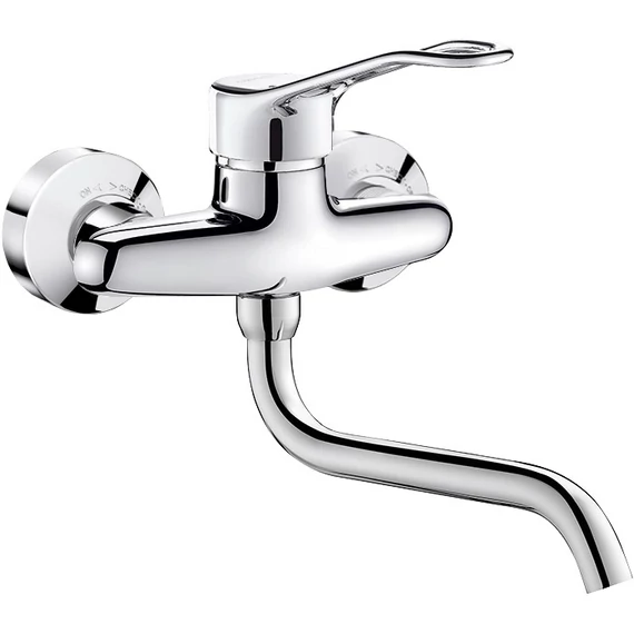 DELABIE fali mosogató csaptelep lyukas keverőkarral, lengő kifolyóval, L=200mm, STOP/CHECK takarótárcsákkal, ipari vízátfolyás, 26L/p