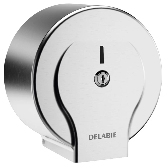 DELABIE vandálbiztos nagytekercses WC-papír adagoló L=200m/D=185mm JUMBO MINI tekercshez, hézagmentes, egyrészes test, r.m. acél, selyem
