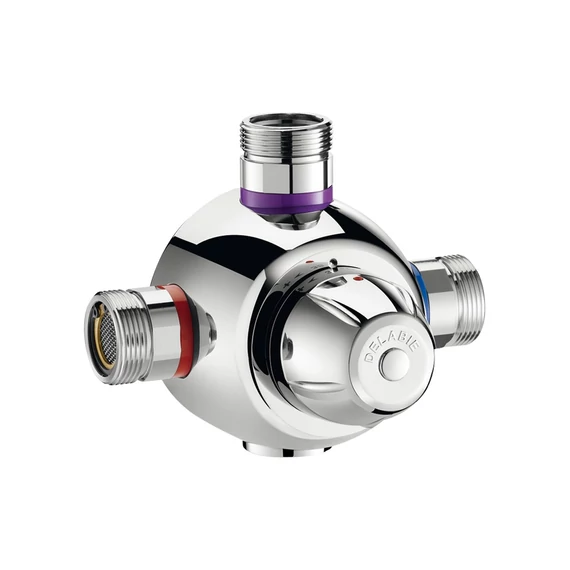 DN25 1" csoportos termosztatikus keverőszelep DELABIE Premix Comfort, szűrőkkel és visszacsapó szelepekkel, 32-42°C, 20-70L/p