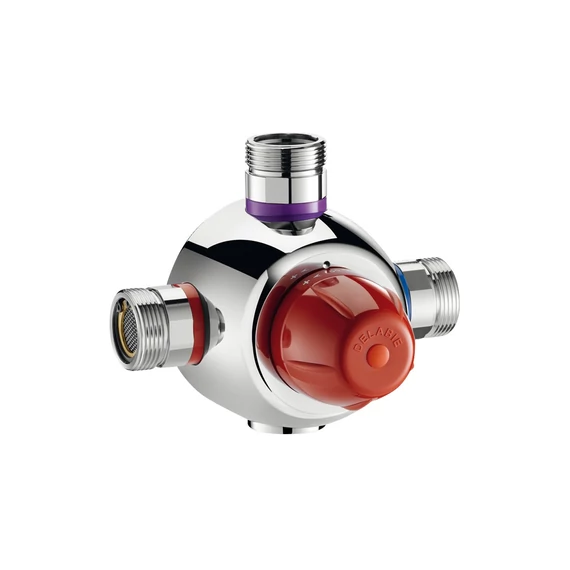 DN20 3/4" biztonsági cirkulációs termosztatikus keverőszelep DELABIE Premix Security, szűrőkkel és visszacsapó szelepekkel, 44-58°C, 10-45L/p