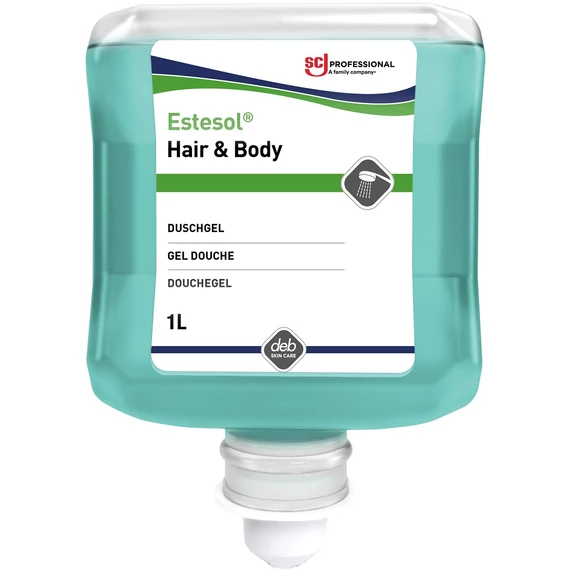 SCJP Estesol Hair - Body tusfürdő, sampon és kézmosó gél, férfias frissítő és élénkítő esőerdő illatú, mentakék, Proline manuális adagolóhoz, 1L patron