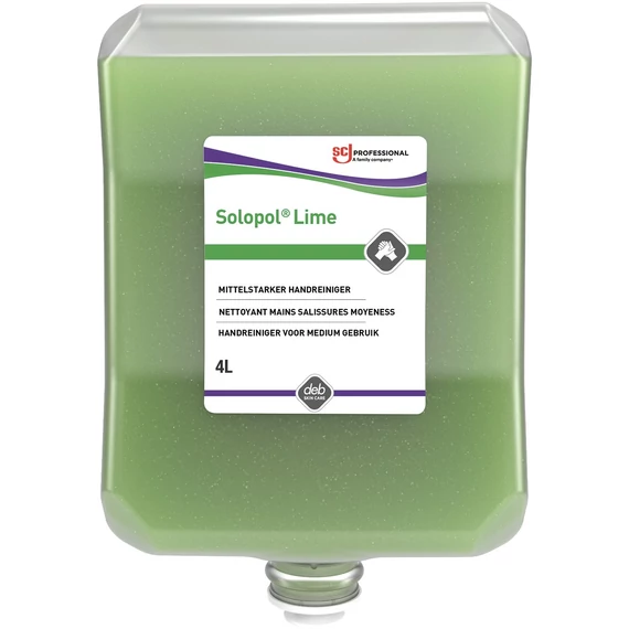 SCJP Solopol Lime Medium-Heavy Duty ipari kézmosó közepesen makacs olajos, zsíros szennyeződésekre, kukoricacsutka őrleménnyel, erős tisztítóhatás: 4/5, Heavy Duty adagolóhoz, 4L patron