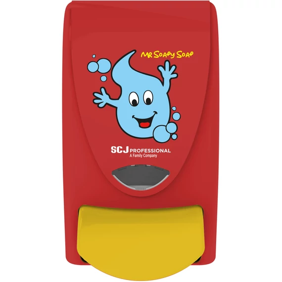 SCJP Proline nyomógombos szappanadagoló kézmosó patronokhoz Mr Soapy Soap grafikával óvodai és iskolai mosdókba, manuális, 1L, ABS műanyag, piros/citromsárga