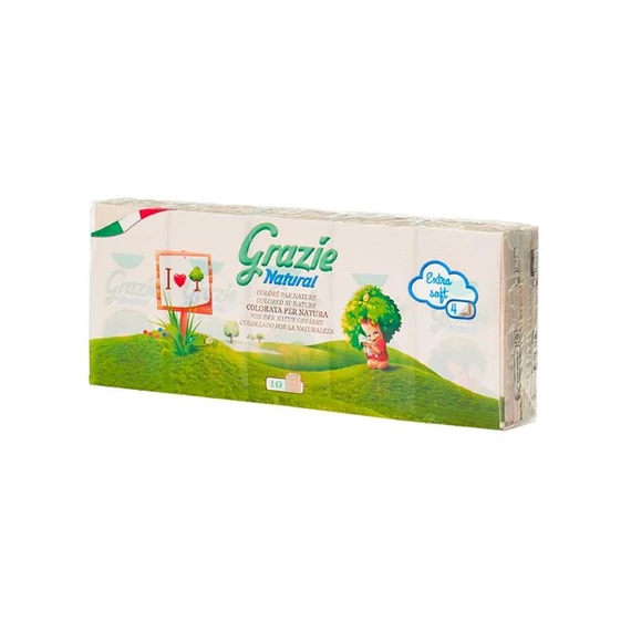 Lucart GRAZIE NATURAL Papírzsebkendő 4 rétegű 10x9 szál/csomag, 24 csomag/karton, 48 karton/raklap