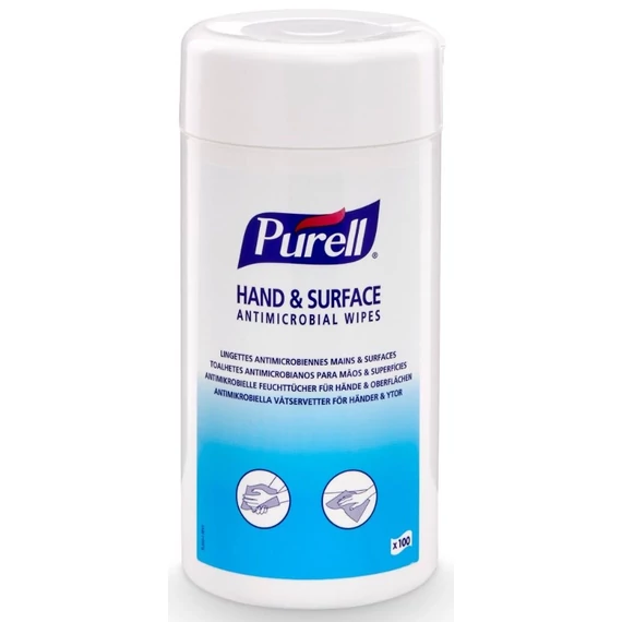 PURELL Hand & Surface Antimicrobial Wipes, 180x200mm kézfertőtlenítő és felületfertőtlenítő kendő, 100db/tégely