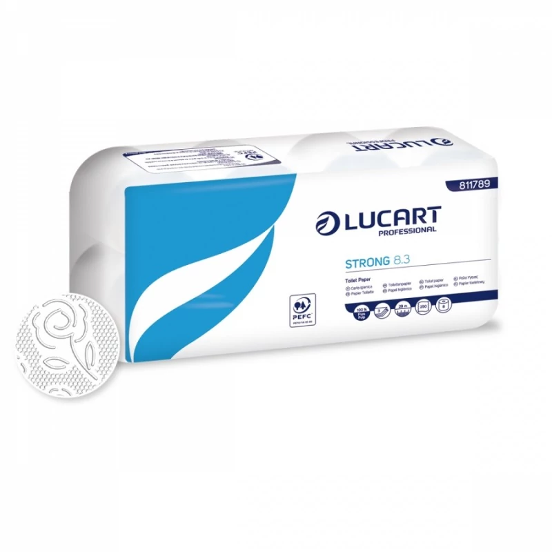 Lucart Strong 8.3 háztartási toalettpapír, 3 rétegű, 250 lapos, 9x8 tekercs/zsák