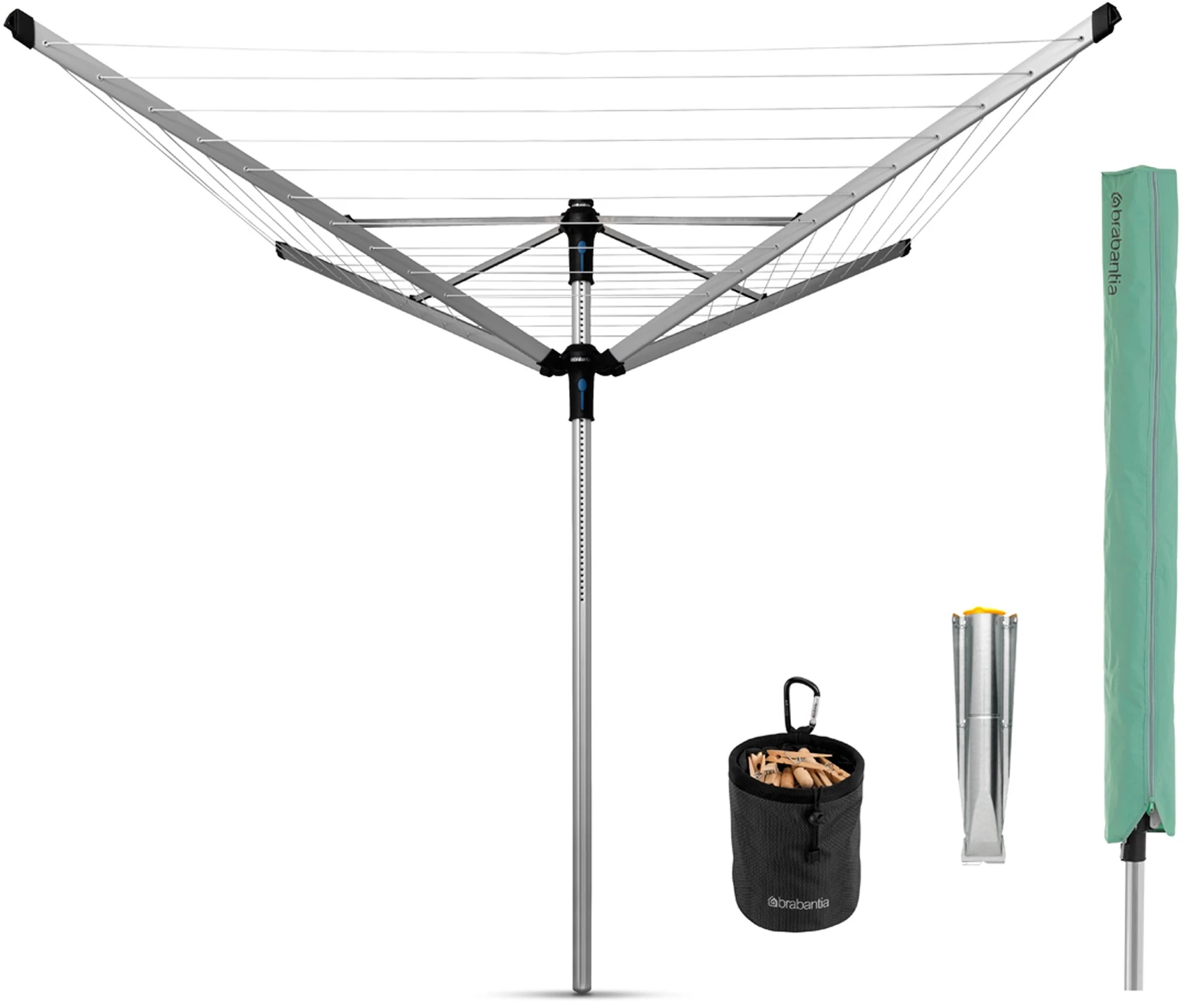 Brabantia Rotary Dryer Lift-O-Matic Advance kerti ruhaszárító 50m, forgatható, D=50mm, ultra könnyen állítható magasság, földbe szúrható, védőzsák, csipesztartó, metál szürke - 100246