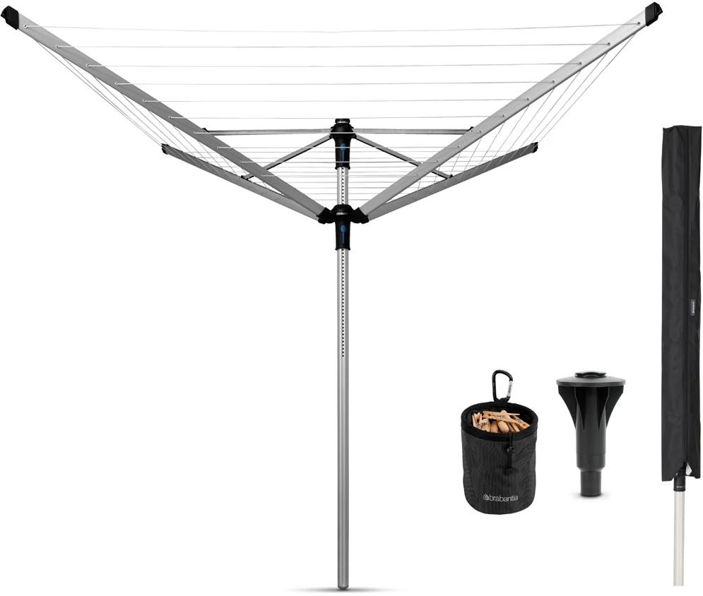 Brabantia Rotary Dryer Lift-O-Matic Advance kerti ruhaszárító 60m, forgatható, D=50mm, ultra könnyen állítható magasság, betonalap rögzítésű, védőzsák, csipesztartó, metál szürke - 100260