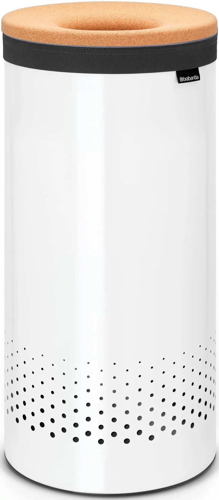 Brabantia Laundry Bin szennyestartó szellőző nyílásokkal, tépőzáras, mosható szennyesgyűjtő zsák, henger forma, közepes méret 35L, parafa fedő, acél, fehér - 104367