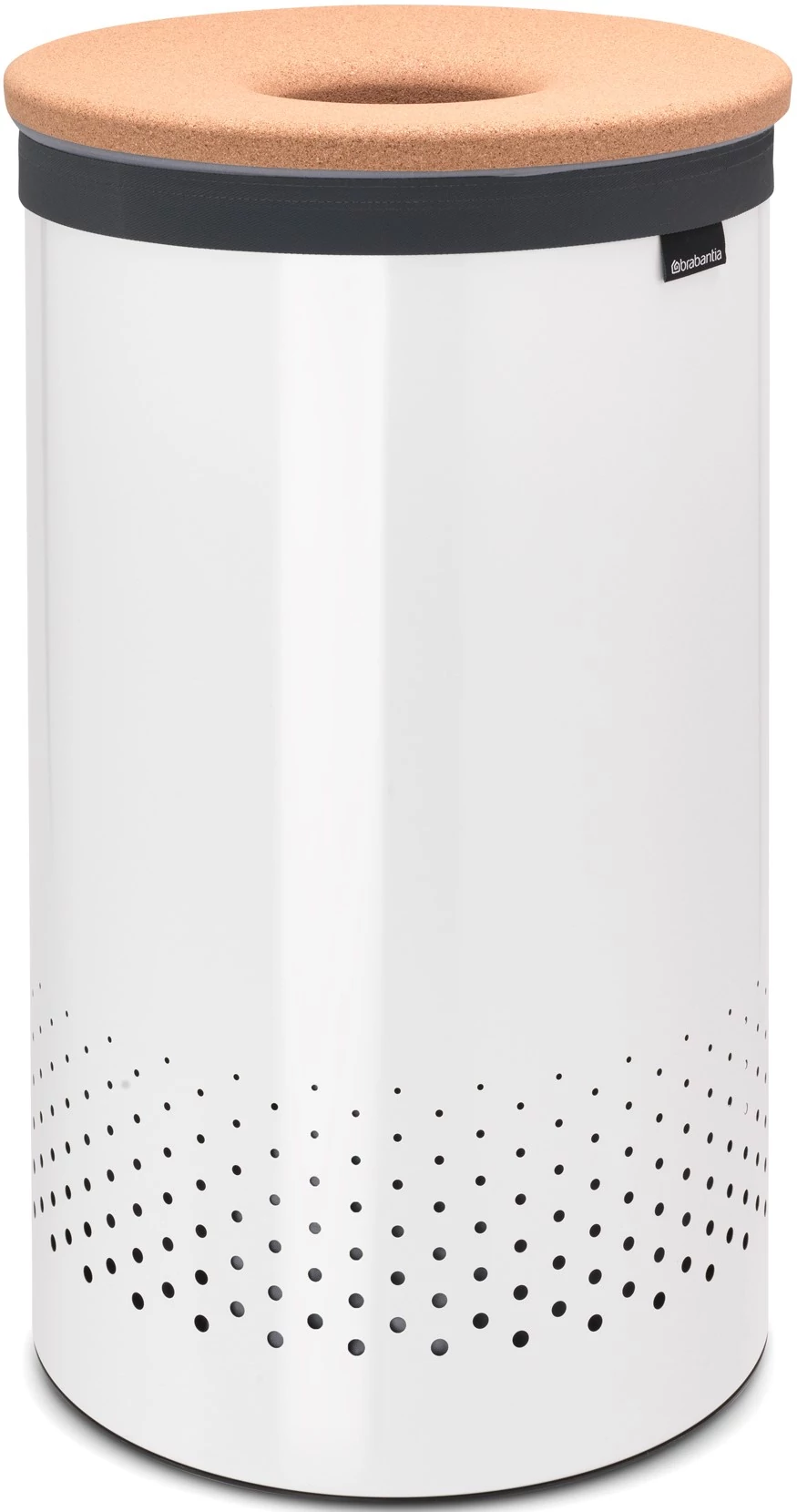 Brabantia Laundry Bin szennyestartó szellőző nyílásokkal, tépőzáras, mosható szennyesgyűjtő zsák, henger forma, nagy méret 60L, parafa fedő, acél, fehér - 104404
